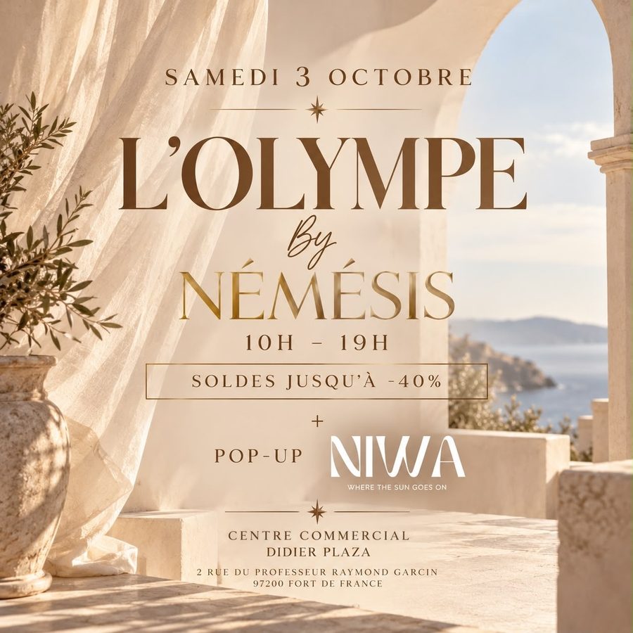 Flyer de L'Olympe by Némésis, samedi 3 octobre de 10h à 19h, soldes et pop-up NIWA, Centre commercial Didier Plaza